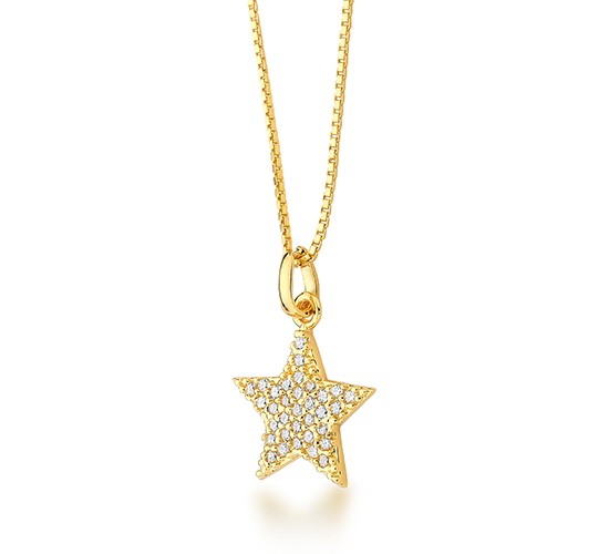 Colar estrela 5 pontas, toda cravejada com zirconia cristal, corrente 45cm. 9x7mm. 1620550